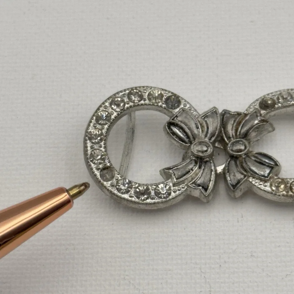 Antique Victorian Belt Buckle 2 Piece Interlocking Silver‎ Tone Bow Rhinestones